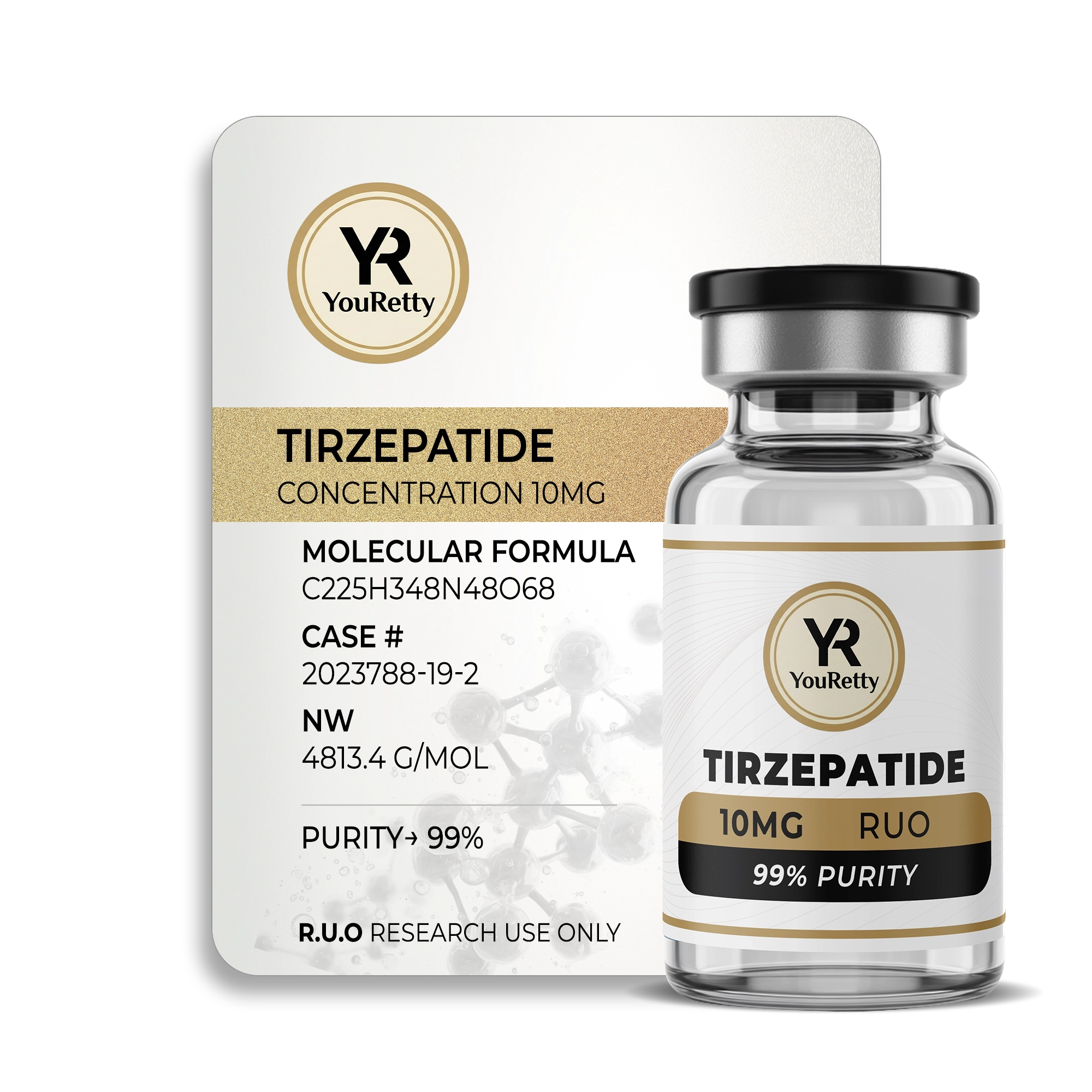 YouRetty Tirzepatide 10 mg vial and product information card